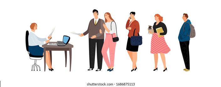 Submission of documents. Reception at administration, social services, visa center. People in line with documents vector illustration