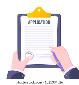 Submit application document form flat style design icon sign vector illustration isolated on white background. Complete application or survey document business concept with text contract stamp.