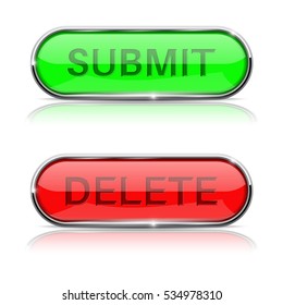 Submit and Delete buttons. Shiny green and red oval web icons. Vector 3d illustration isolated on white background.