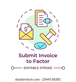 Submit invoice to factor multi color concept icon. Factoring process. Representing submission, review and approval. Round shape line illustration. Abstract idea. Graphic design. Easy to use in article