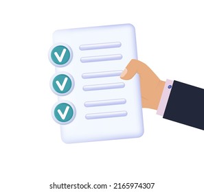 Submit Paper Document. Businessman Hand Holding Correct, Submit Checklist. Approved, Agreed With A Green Tick Report. Business Request, Offer Or Research, Verified Profile, Menu. Vector Illustration