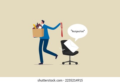 Submit a resignation. Officially resigned. Resign from the company. Change a new job. Company employee holding a box with office supplies and stationery. Illustration