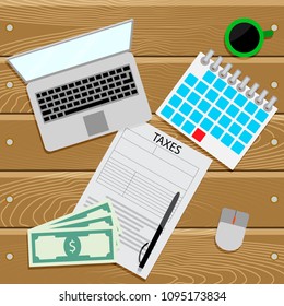 Submit tax return top view. Vector tax payment, report and submit accountant financial, taxation illustration