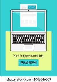 Submit/Upload Resume Concept. Vector illustration of laptop and resume. "Apply for Job" portal template. 