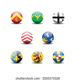 Subnational flags of the Wales. Circle button flag collection of Welsh counties. Regions, counties and cities Vector illustration symbols.