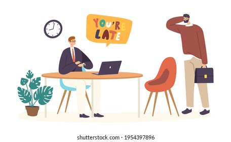 Subordinate Male Character Receiving Reprimand From Boss for Being Too Late at Business Meeting, Company Director Scolding Unpunctual Manager Pointing on Wristwatch. Cartoon People Vector Illustration