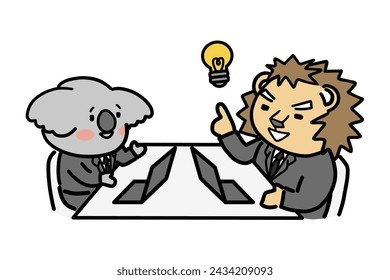Subordinates giving explanations and bosses coming up with ideas.Lion and koala characters.