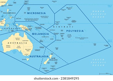 Subregiones de Oceanía, mapa político. Geosquemia con regiones del Océano Pacífico y junto a Asia. Melanesia, Micronesia, Polinesia y Australasia, abreviatura de Australia y Nueva Zelanda. Vector.