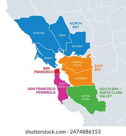 Subregions of the San Francisco Bay Area, divided by counties, political map. Area of ​​the U.S. state of California, that surrounds and includes the San Francisco Bay, which is a large tidal estuary.