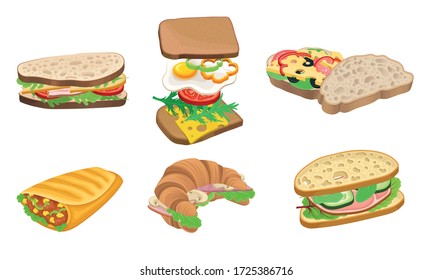 Subs and Sandwiches of Black and Wheaten Bread with Various Ingredients Vector Set