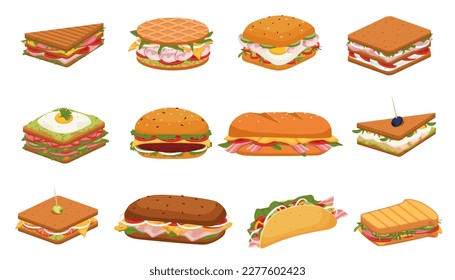 Subs and Sandwiches of Black and Wheaten Bread. Delicious panini with vegetables, salmon and meat. Crispy toast, croissant and bun sandwiches vector set.