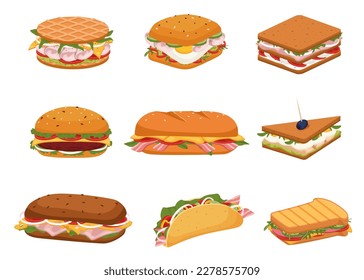 Subs and Sandwiches of Black and Wheaten Bread. Delicious panini with vegetables, salmon and meat. Crispy toast, croissant and bun sandwiches vector set.