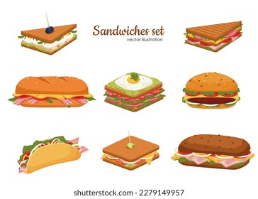 Subs and Sandwiches of Black and Wheaten Bread. Delicious panini with vegetables, salmon and meat. Crispy toast, croissant and bun sandwiches vector set.