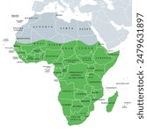 Sub-Saharan Africa, political map. Also known as Subsahara or Non-Mediterranean Africa. The area and regions of the continent Africa that lie south of the Sahara Desert. Isolated illustration. Vector