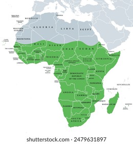 Sub-Saharan Africa, political map. Also known as Subsahara or Non-Mediterranean Africa. The area and regions of the continent Africa that lie south of the Sahara Desert. Isolated illustration. Vector