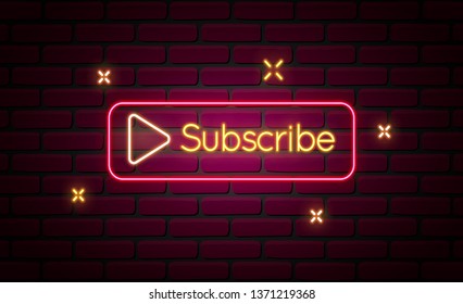 Subscribe 3D Neon Sign on the wall. Subscribe Banner. Bright signboard. Light  banner to subscribers in social networks