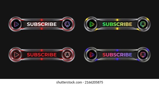Subscribe 3d realistic metallic banner template with neon glow play button and bell icon