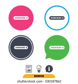 Subscribe with arrow sign icon. Membership symbol. Website navigation. Report document, information sign and light bulb icons. Vector