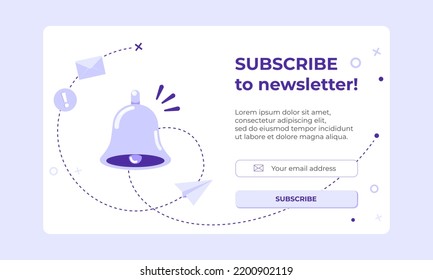 Suscríbete a la pancarta con el icono de las redes sociales con notificación de timbre y mensaje. Cartel vector del email marketing. Suscripción a boletín, noticias, ofertas, promociones. Enviar por correo. Sígueme.