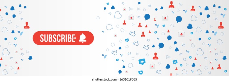 Subscribe Banner with button and bell icon. Red button for channel and video blog in social media on background with Icons of social networks. Flat vector illustration EPS10
