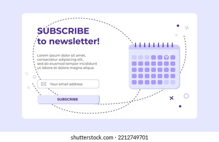 Banner de suscripción con icono de calendario. Cartel vector del email marketing. Suscripción a boletín, noticias, ofertas, promociones. Enviar por correo. Sígueme