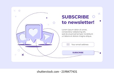 Subscribe banner with like, repost and message social media icon in speech bubble. Vector banner of email marketing. Subscription to newsletter, news, offers, promotions. Send by mail. Follow me.