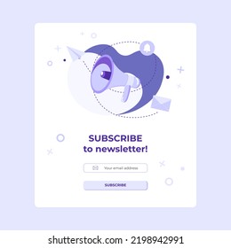 Subscribe banner with megaphone and message social media icon. Vector banner of email marketing. Subscription to newsletter, news, offers, promotions. Send by mail. Follow me.