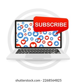 Subscribe banner screen on laptop. Social Network as Icons Abstract Conceptual Illustration. Design elements for web, app, analytics, marketing, SMM, CEO, business. Vector illustration