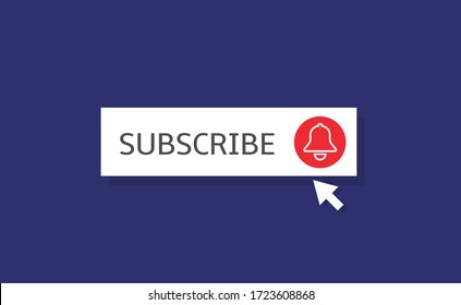 Suscribir plantilla de banner. Botón de suscripción blanca con icono de campana roja en fondo azul