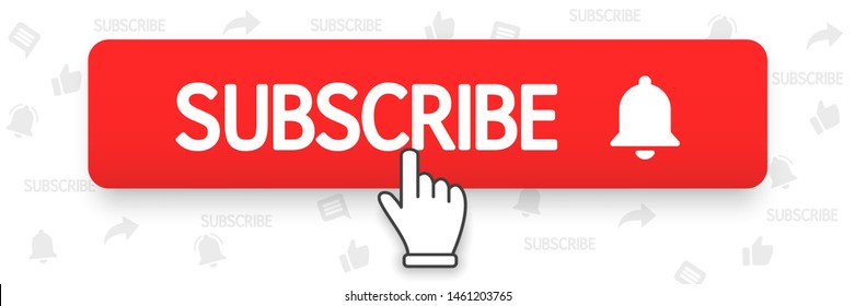 Subscribe, bell button and hand cursor. Red button subscribe to channel, blog. Social media background. Marketing. Vector illustration. EPS 10