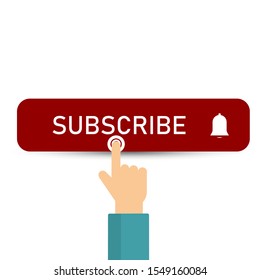 Subscribe, bell button and hand cursor. Red button subscribe to channel, blog. Subscribe button icon. Vector illustration. Business concept subscribe pictogram.