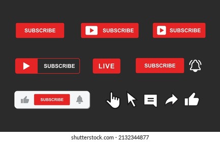 Subscribe, bell button and hand cursor. Red button subscribe to channel, blog. Vector illustration.