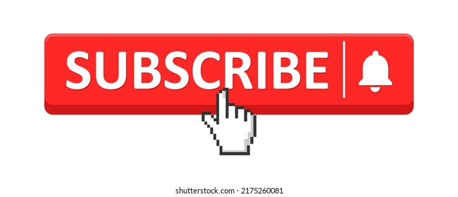 Subscribe, bell button and hand cursor. Red button subscribe to channel, blog. Social media background. Marketing. Vector illustration