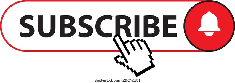 Subscribe, bell button and hand cursor. Red button subscribe to channel, blog. Social media background. Marketing. Vector illustration. EPS 10
