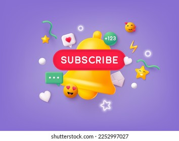 Subscribe, bell button and hand cursor. Red button subscribe to channel, blog. 3D Web Vector Illustrations. 