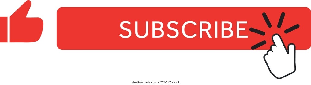 Subscribe, bell button and hand cursor. Red button subscribe to channel, blog. Social media background. Marketing. Vector illustration. EPS 10