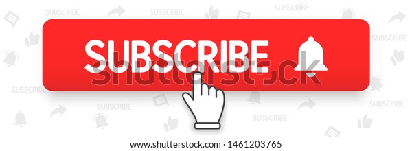 Subscribe, bell button and hand cursor. Red button\
subscribe to channel, blog. Social media background. Marketing.\
Vector illustration. EPS\
10