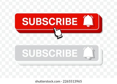 Subscribe, bell button. Red button subscribe to channel, blog. Social media button graphic user interface. Vector illustration.