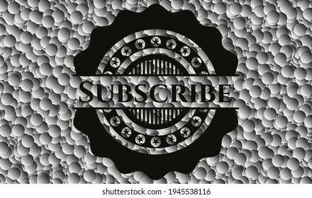 Suscríbete a un emblema negro con fondo de burbujas. Ilustración vectorial. Detallado. 