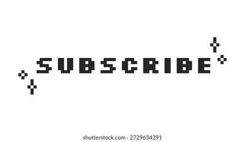 Subscrever black pixel art palavra de botão de mídia social. Subscrição, associação ao canal. Junte-se à oferta. Plataforma de streaming. 16 bits de texto de videogame. Tipografia nostálgica da internet. Fonte de serigrafia usada
