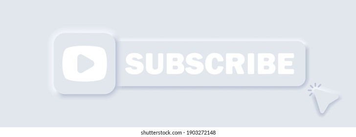 Subscribe button with arrow cursor and shadow. Bell button and hand cursor. Button subscribe to channel, blog. Social media background. Marketing. Neumorphic UI UX white user interface web buttons.