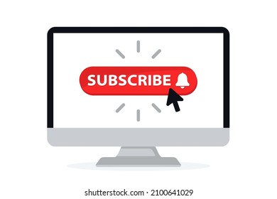 Subscribe button with bell and cursor. Red web button subscribe to channel or blog on computer screen. Social media concept, blogging, promotion, streaming video. Play button. Vector illustration