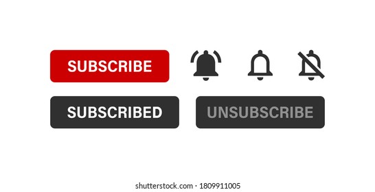 Subscribe button with bell icon for social media content, vector. Play video notification in flat style. Modern illustration