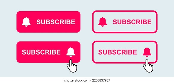 Subscribe button and bell notification icon in red colors. Click subscribe signs.