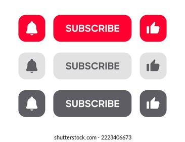 botón Suscribir Campana, botón de icono de notificación y pulsación del cursor a mano. Botón rojo suscribirse al canal de medios sociales, marketing, blog. Ilustración vectorial para sitio web, aplicación móvil, UI UX. EPS 10