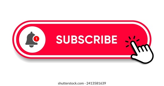 Subscribe button Bell, notification icon button and hand cursor click. Red button subscribe to channel social media, marketing, blog. Vector illustration for website, mobile app, UI UX. EPS 10