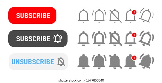 Subscribe button. Subscribe button with bells of notification isolated symbols. Vector 