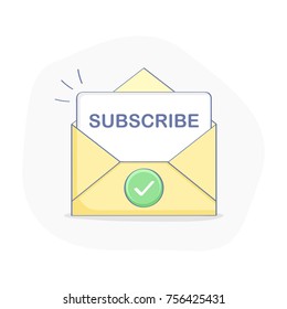 Subscribe button, check mark on envelope. Newsletter subscription page. Flat outline vector icon illustration, UX UI modern design element for design.