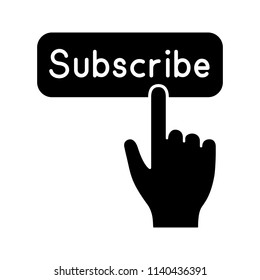 Subscribe button click glyph icon. Silhouette symbol. Subscription. Social media app. Hand pressing button. Negative space. Vector isolated illustration
