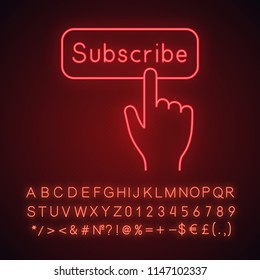 Subscribe button click neon light icon. Subscription. Social media app. Hand pressing button. Glowing sign with alphabet, numbers and symbols. Vector isolated illustration